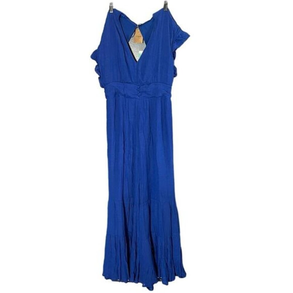 NWT Umgee Blue V-Neck Wide Leg Tiered Ruffled Hem Jumpsuit Size L